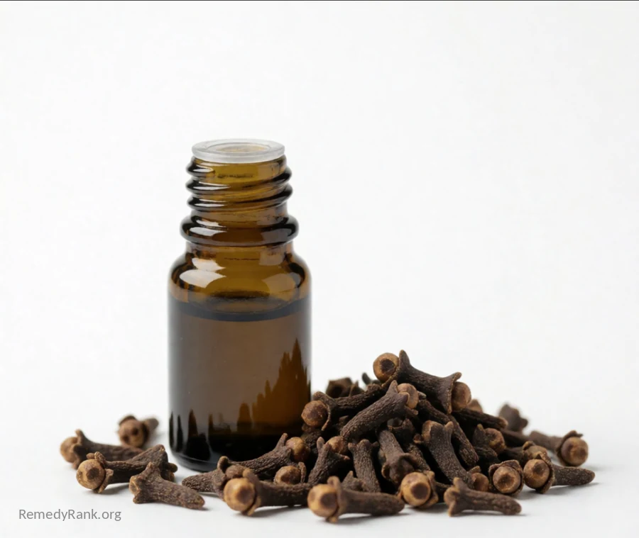 A small dark glass bottle of clove oil sits beside a scatter of whole dried brown clove buds.