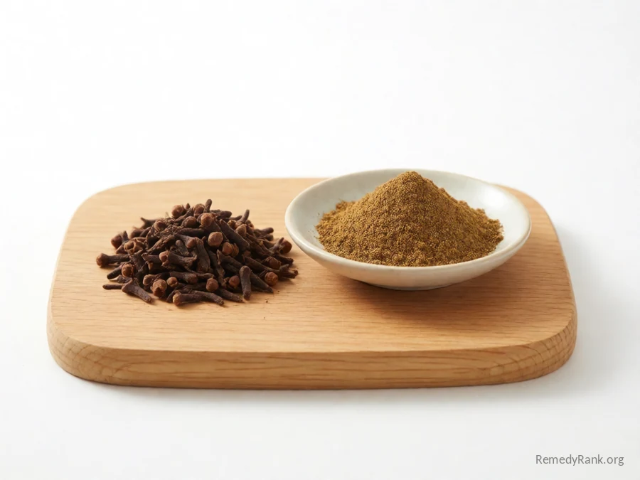 Whole clove buds beside a dish of ground clove powder.