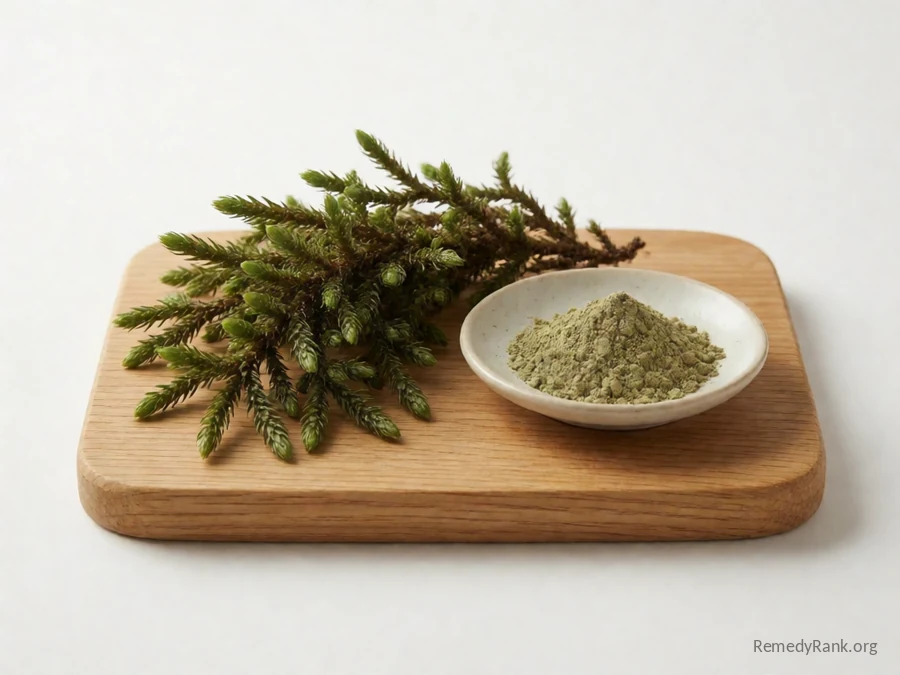 Fresh club moss beside a dish of huperzine A extract powder.