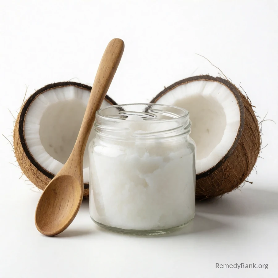 A glass jar of solid white coconut oil with a wooden spoon next to a cracked coconut half.