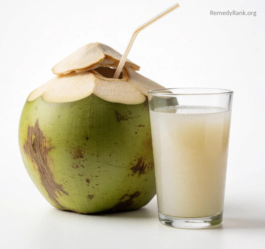 A young green coconut with a straw in it rests beside a clear glass filled with coconut water.