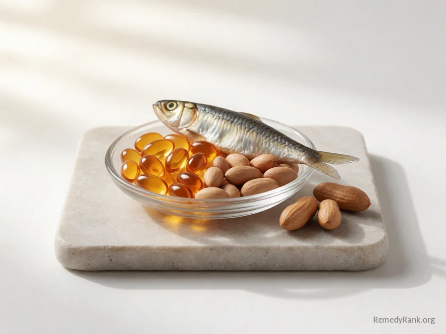 Small orange oil-filled softgel capsules beside peanuts and a sardine.