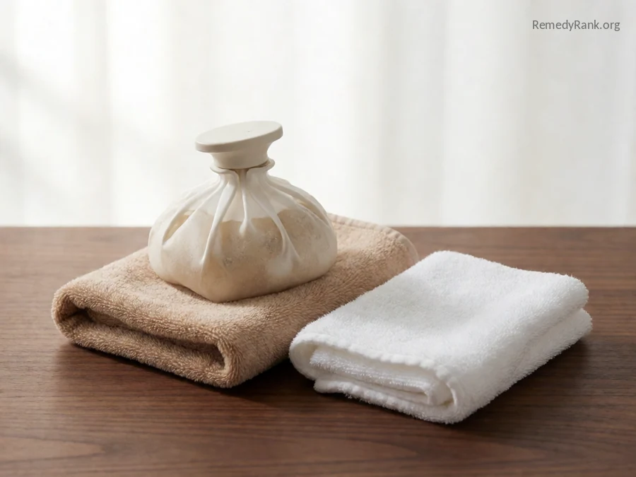 A folded damp cloth next to a small ice pack.
