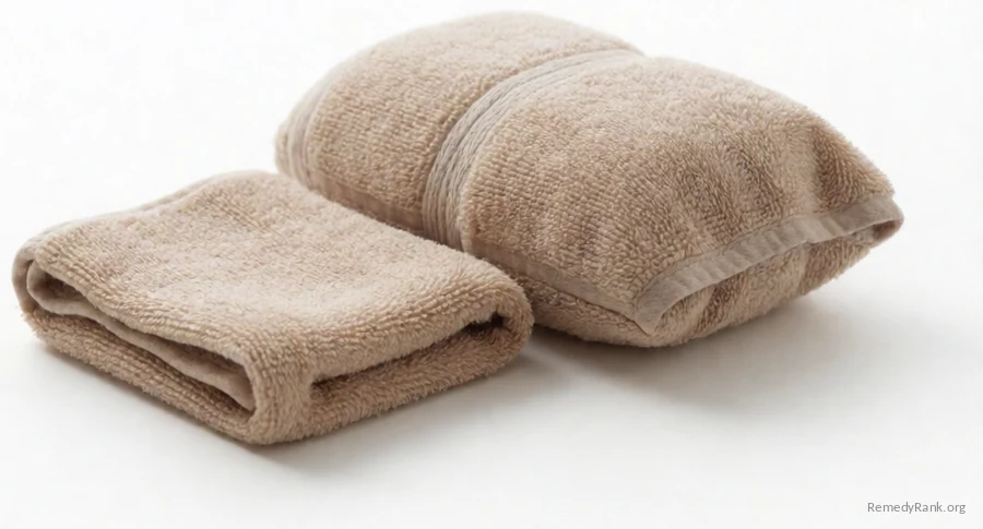 A folded damp cloth beside a covered ice pack wrapped in a small towel.