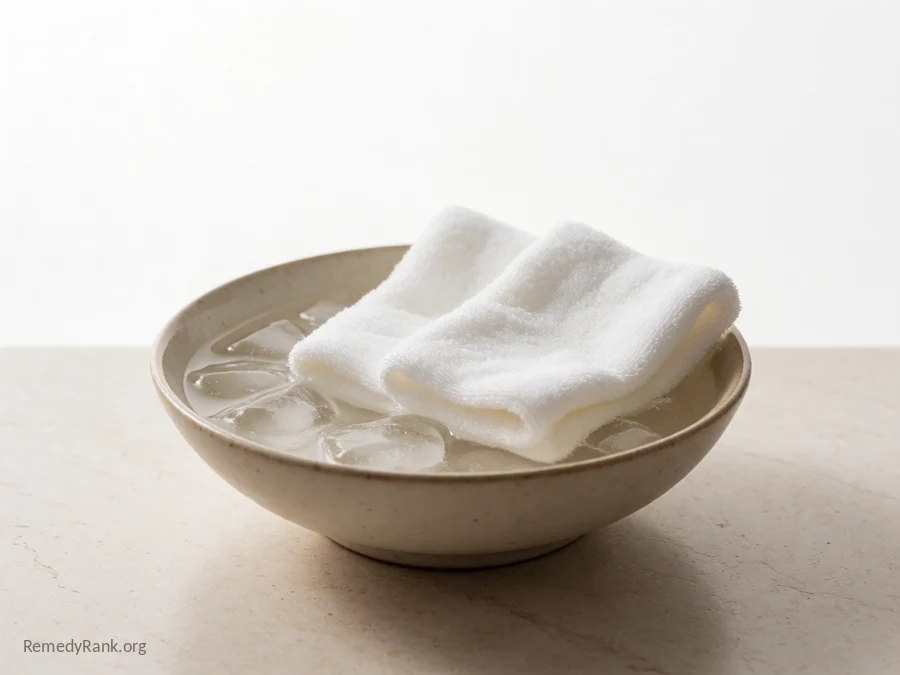 Two folded white washcloths in a shallow bowl of ice water.