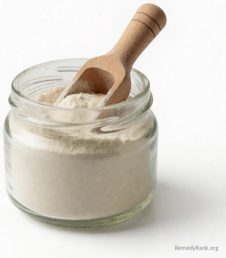 A small glass jar of pale off-white collagen powder with a wooden scoop resting inside it.