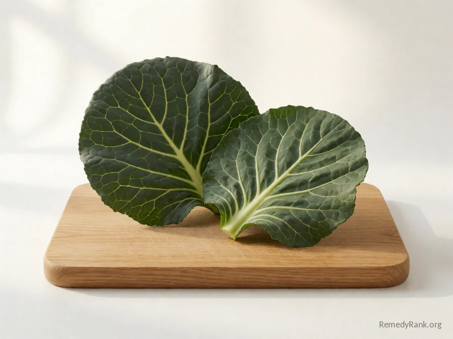 A whole collard green leaf beside one cut to show its pale rib.