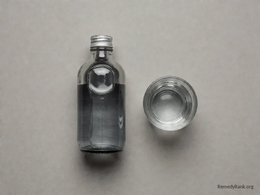 A plain dark glass bottle of a clear silver-coloured liquid and a small glass of it, photographed plainly on a neutral grey background.
