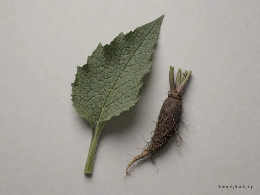 A large coarse hairy comfrey leaf and a piece of the dark comfrey root, photographed plainly on a neutral grey background.