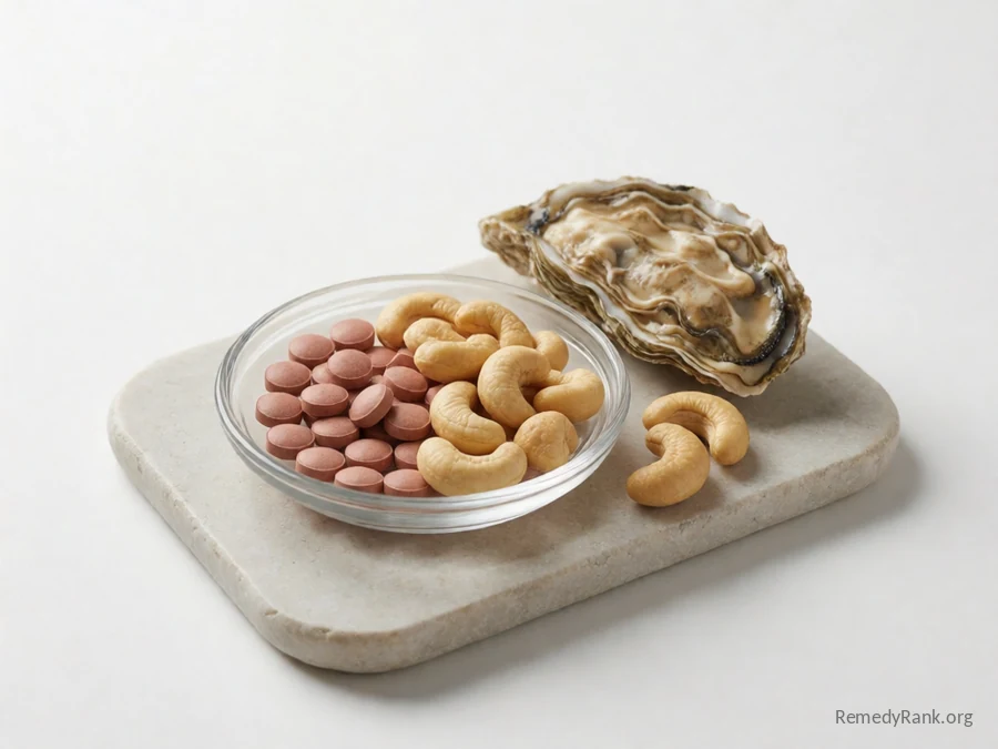 Small reddish-brown tablets beside raw cashews and a whole oyster.