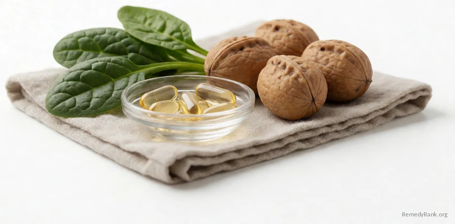 Capsules in a glass dish beside walnuts and a bunch of fresh spinach leaves.