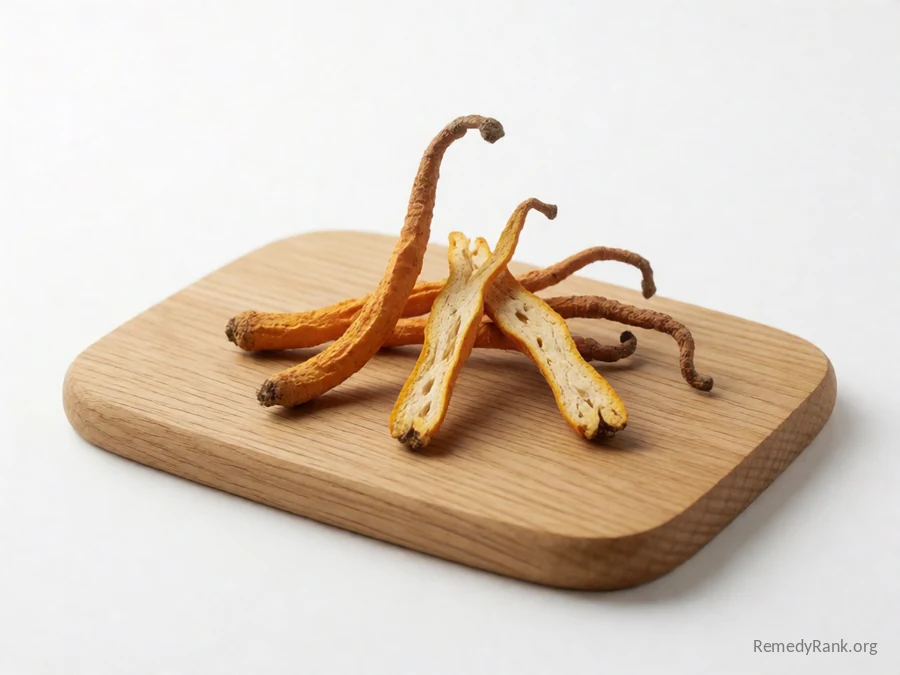 Whole cordyceps fruiting bodies beside pieces cut to show their pale interior.