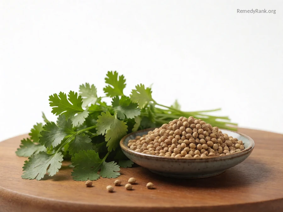 Fresh coriander leaves beside a dish of round tan coriander seeds.