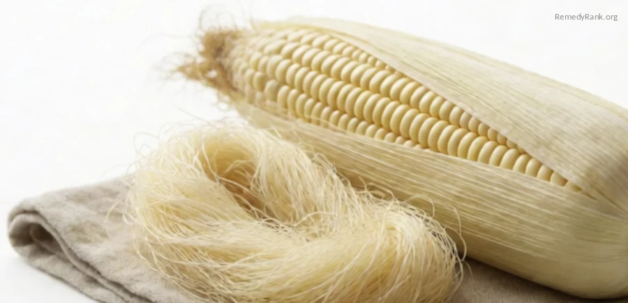 A bundle of pale golden corn silk threads beside a partly husked ear of corn.