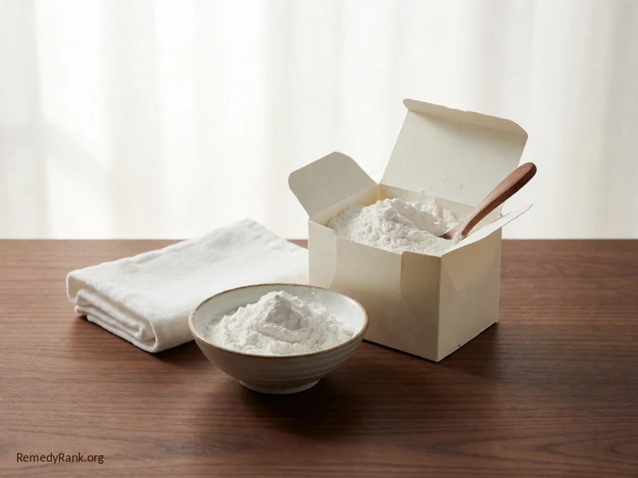 A small bowl of white paste next to an open box of cornstarch and a spoon.