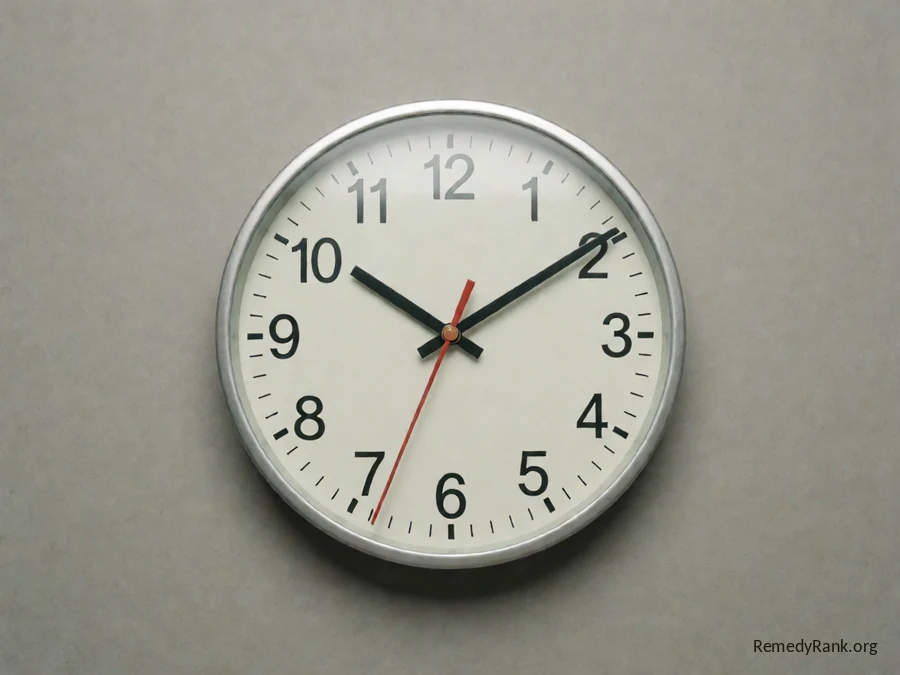 A plain wall clock and an empty chair on a neutral grey background.