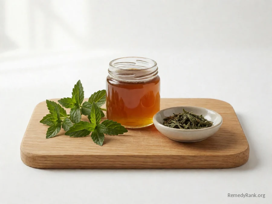A jar of amber herbal cough syrup beside fresh herb sprigs.
