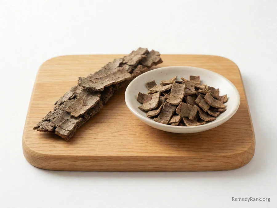 A strip of cramp bark beside a dish of dried shredded cramp bark.