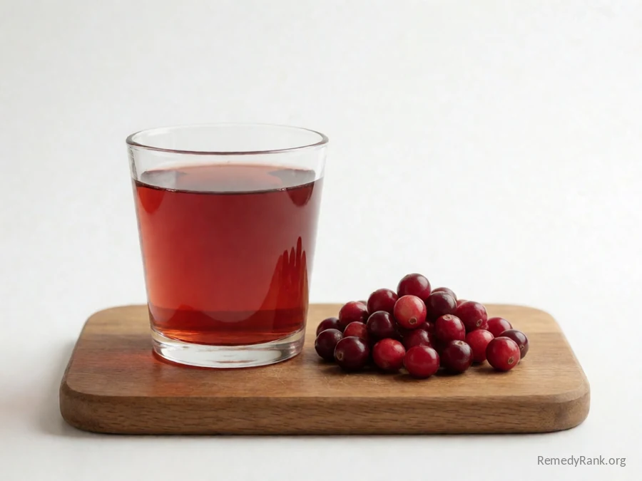 A glass of tart red cranberry juice beside a small pile of fresh cranberries.