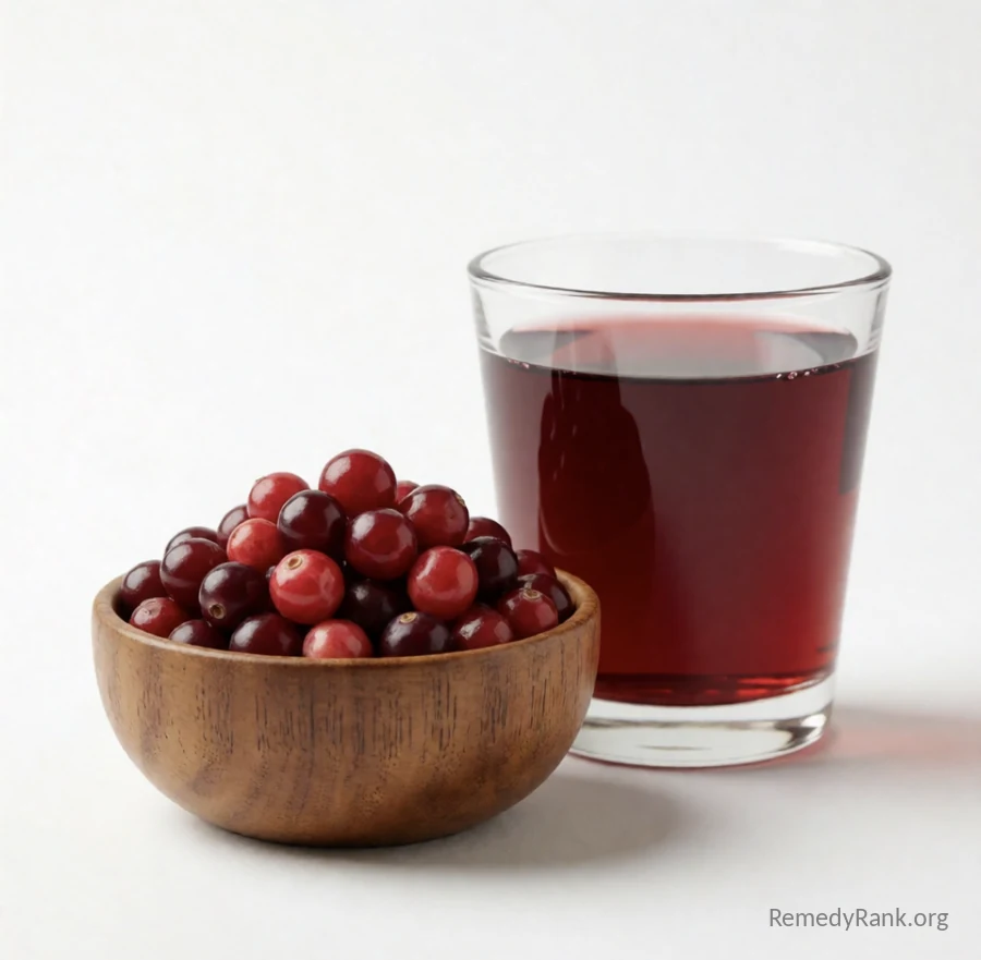 A wooden bowl heaped with fresh red cranberries next to a glass of ruby cranberry juice.