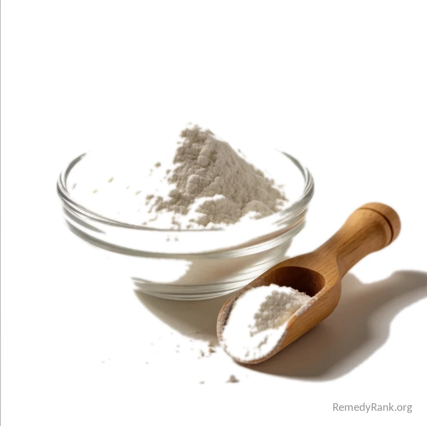 Fine white creatine powder in a small glass bowl with a wooden measuring scoop