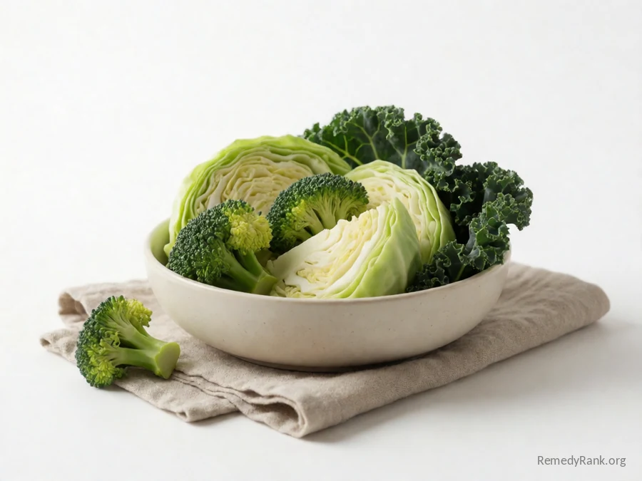 Crisp broccoli florets, cabbage wedges, and dark kale leaves.