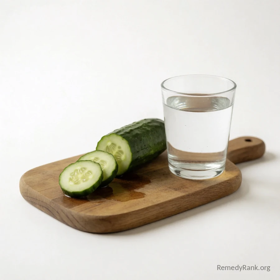 A whole cucumber sliced into rounds sits on a wooden board beside a glass of cool water.