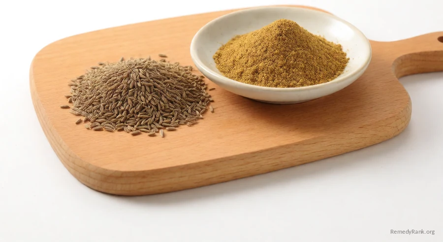 Whole brown cumin seeds next to a dish of ground cumin powder.