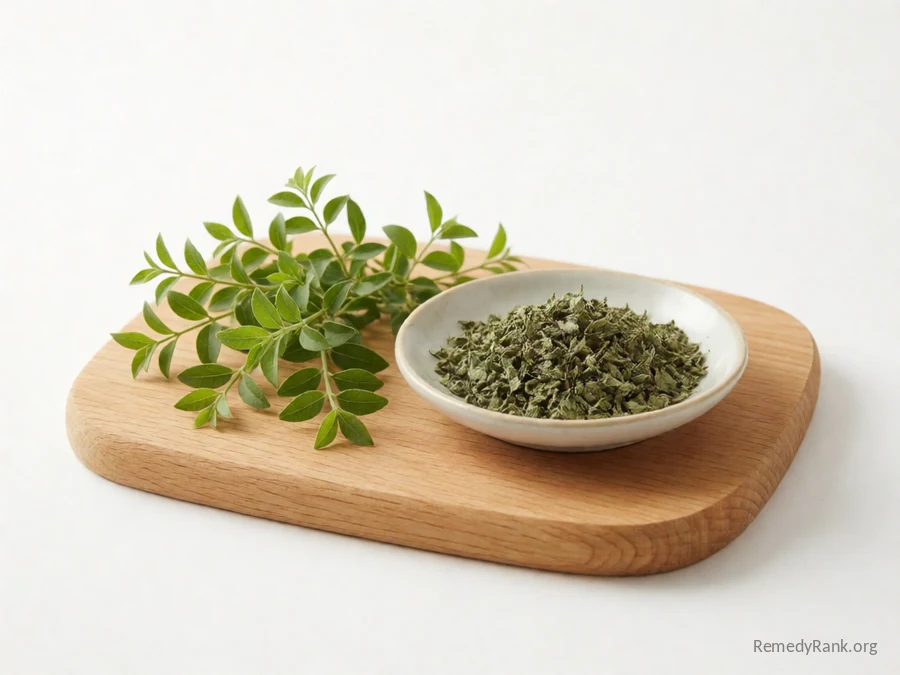Fresh damiana leaves beside a dish of dried damiana leaf.