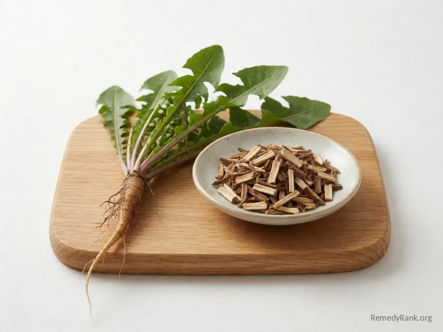 A fresh dandelion root with its leaves beside a dish of dried chopped dandelion root.