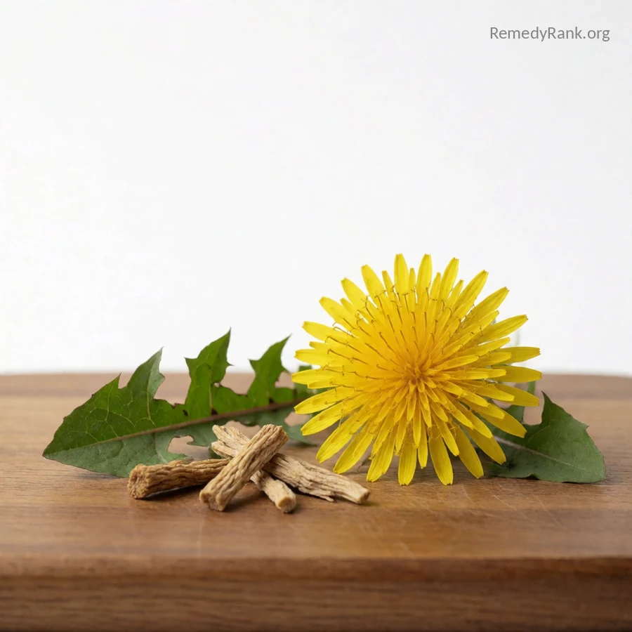 A bright yellow dandelion flower with jagged green leaves next to a few dried dandelion root pieces.
