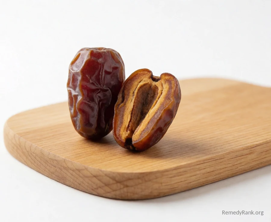 A whole date beside one split open showing its sticky flesh and pit.