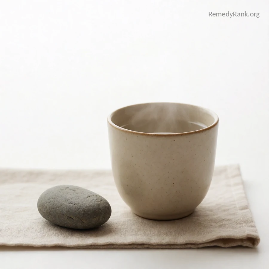 A plain ceramic cup of steaming water next to a small smooth grey stone on a linen cloth.