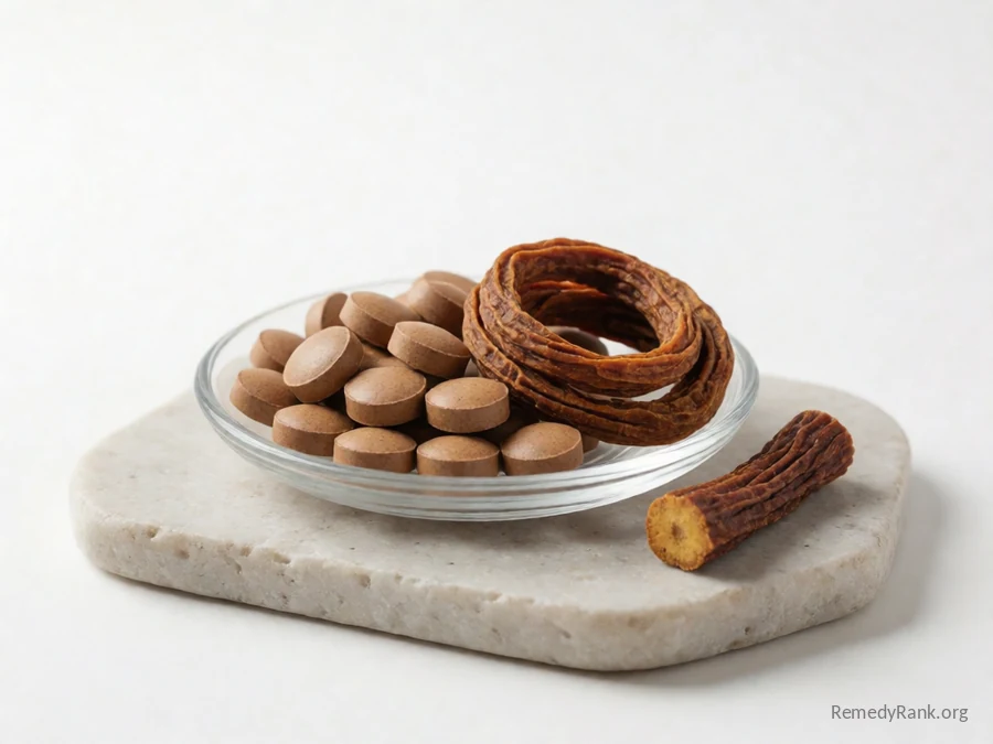 Chewable brown tablets beside a coil of dried licorice root.