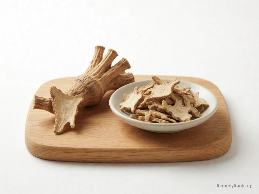 A piece of devil's claw root beside a dish of dried sliced devil's claw root.