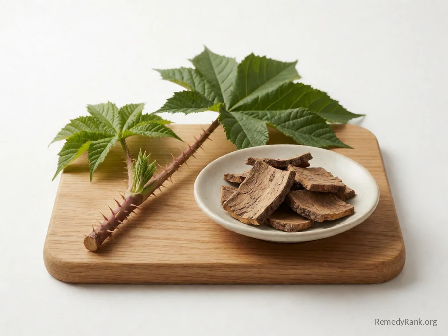 Devil's club root bark and a spiny leaf beside a dish of dried cut bark.