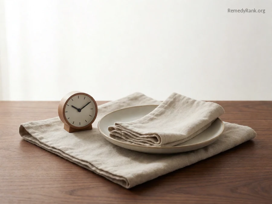 A small clock next to a plate and a folded napkin.