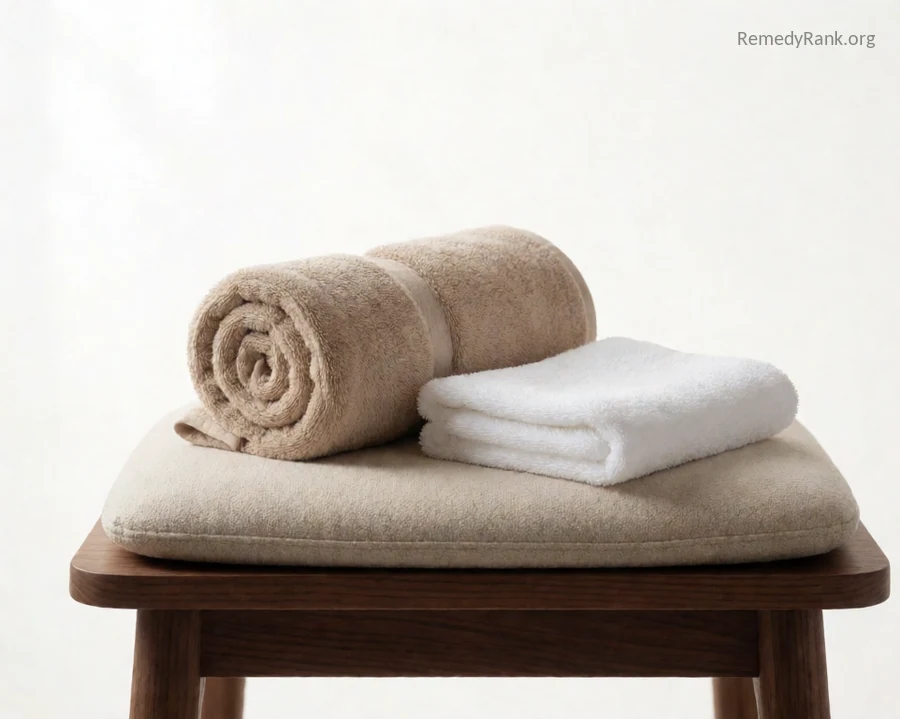 A low cushioned stool next to a rolled towel.