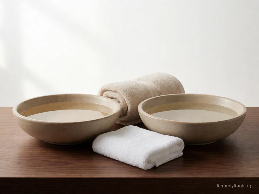 Two shallow basins of water, one warm and one cool, next to a folded towel.