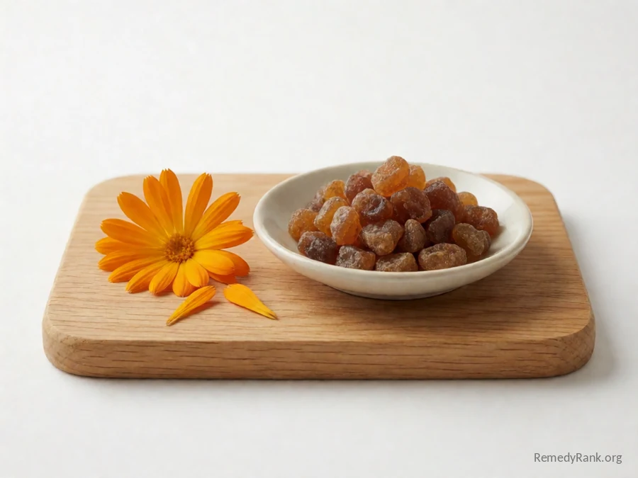 A vinegar-myrrh nail soak beside myrrh resin and calendula petals.