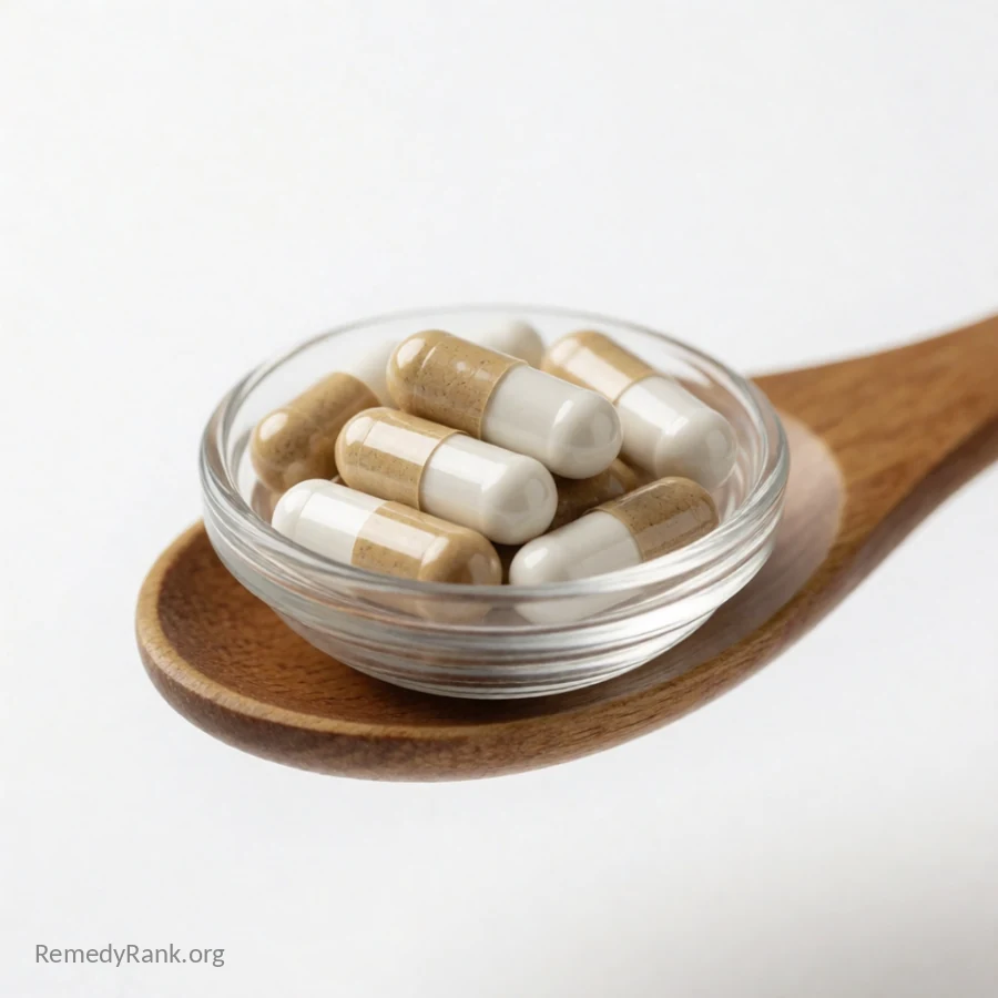 A small glass dish of tan and white two-toned capsules resting on a wooden spoon.