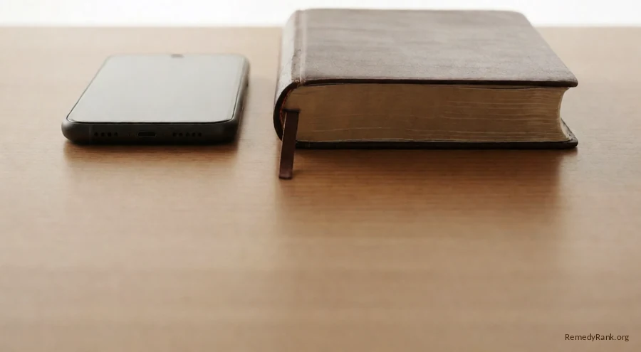 A smartphone lying face-down beside a closed Bible on a plain wooden table.