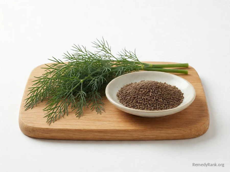 Fresh feathery dill fronds beside a dish of dried dill seeds.