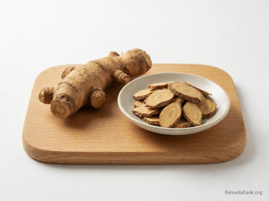 A dong quai root beside a dish of dried dong quai root slices.