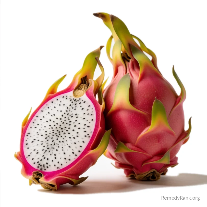 A whole pink dragon fruit beside a halved one showing white flesh with tiny black seeds