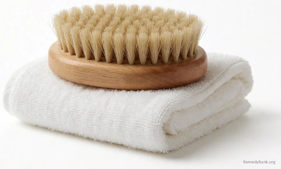 A wooden-handled natural-bristle dry body brush resting on a folded white towel.