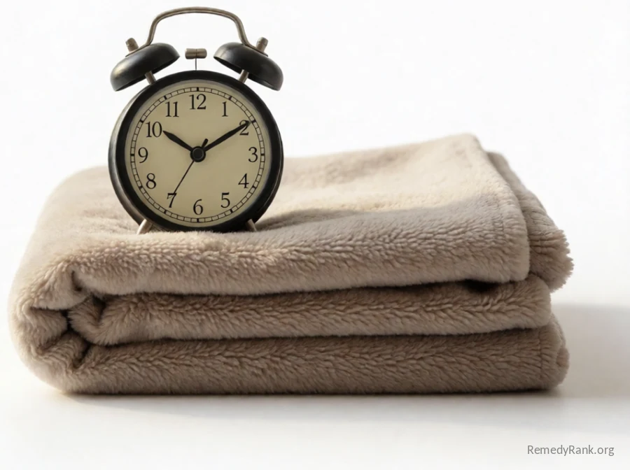 A small analog alarm clock resting beside a neatly folded soft blanket.