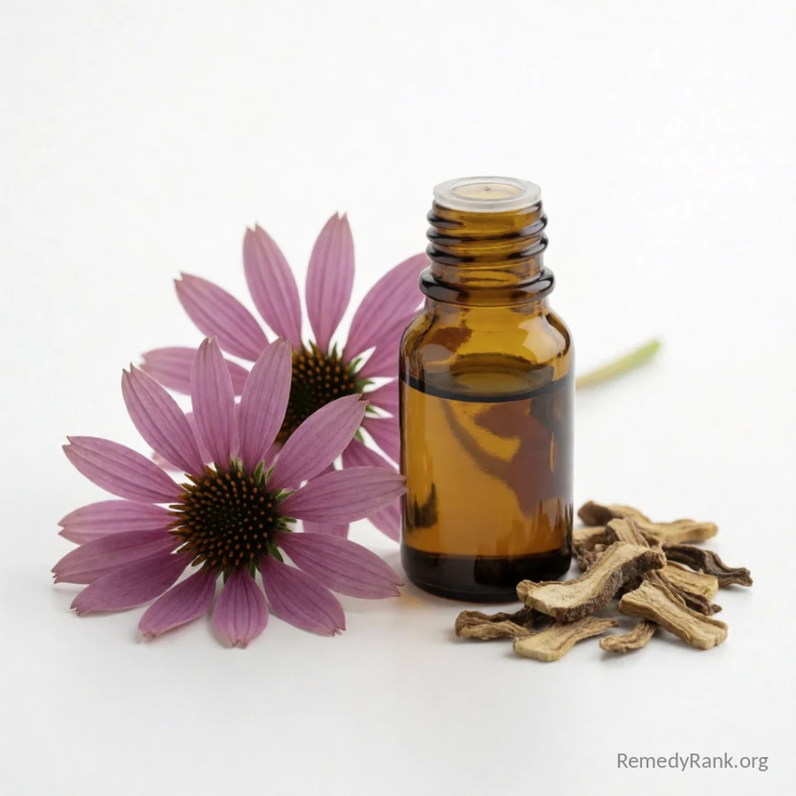 Purple coneflower blossoms next to a small amber tincture bottle and dried root pieces.