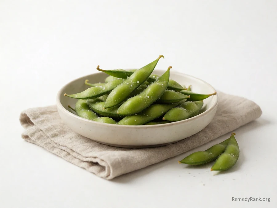 Steamed green edamame pods.