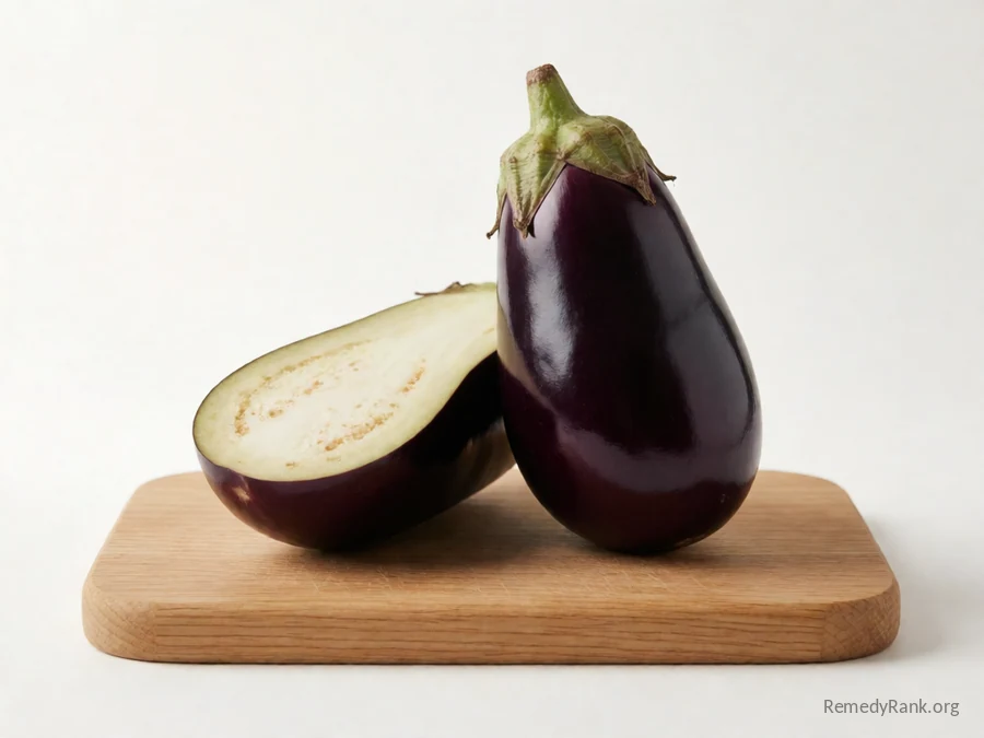 A whole purple eggplant beside a cut half showing its pale cream flesh.